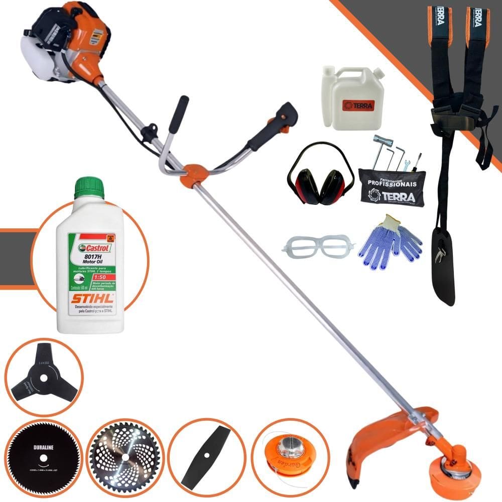Roçadeira Máquina de Corta Grama Terra GR520XP À Gasolina 52cc 2,5HP 6.500rpm Multifuncional Completa Com 5 Opções de Cortes + ÓLEO STIHL 2T + EPI