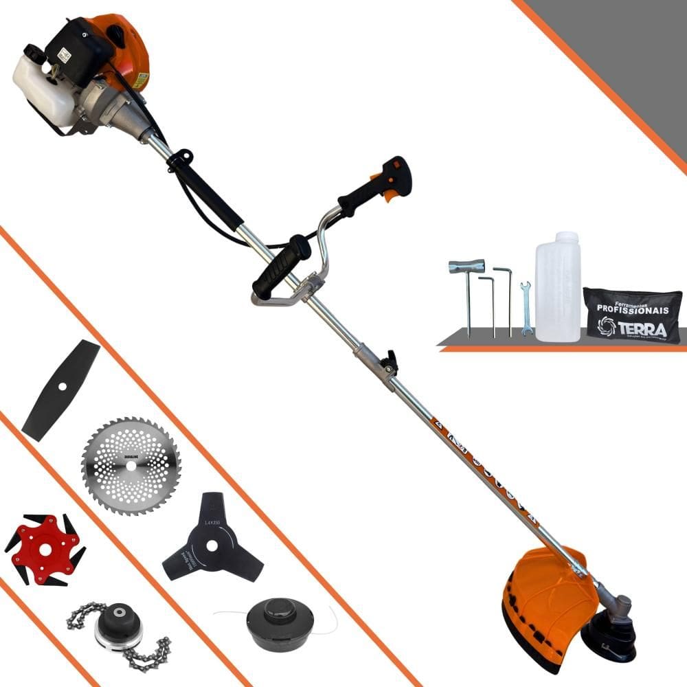 Roçadeira Multifuncional À Gasolina Terra GRHB430 Bi-Partida 2T 43cc 1,7HP 12.000rpm Alta Performance Completa Com Carretel e Kit 5 Lâminas de Corte