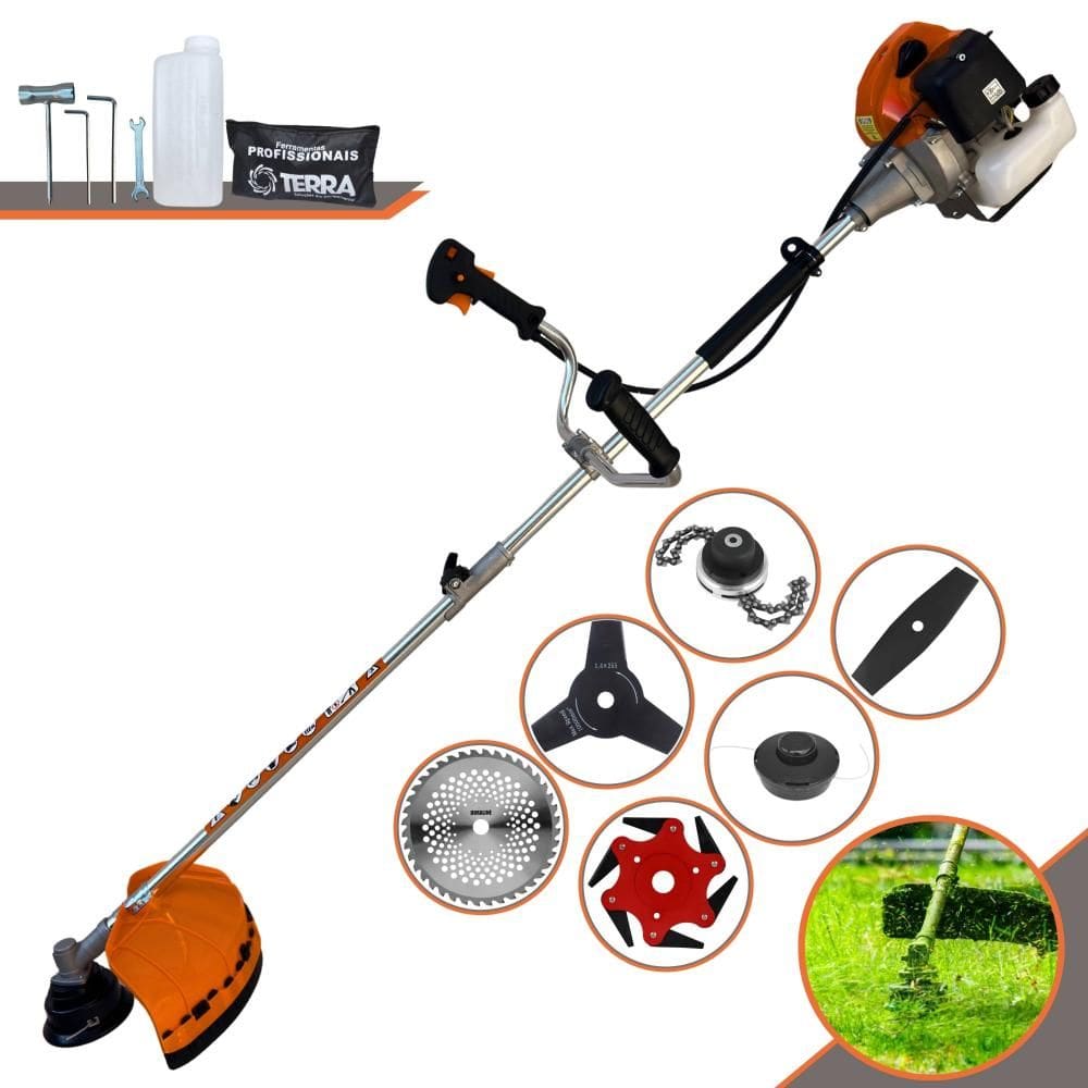 Roçadeira À Gasolina Terra GRHB-430 Bipartida 43cc 2T 1,7HP Com Carretel + Faca 2 Pontas + Faca 3 Pontas + Faca 6 Pontas + 40 Dentes Vídea + Trimmer