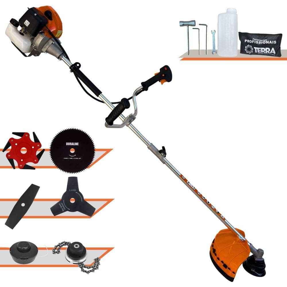 Roçadeira Terra GRHB430 Bi-Partida À Gasolina 43cc 1,7HP Com Faca 2 Pontas + Faca 3 Pontas + Faca 6 Pontas + Faca 80 Dentes + Carretel Nylon + Trimmer