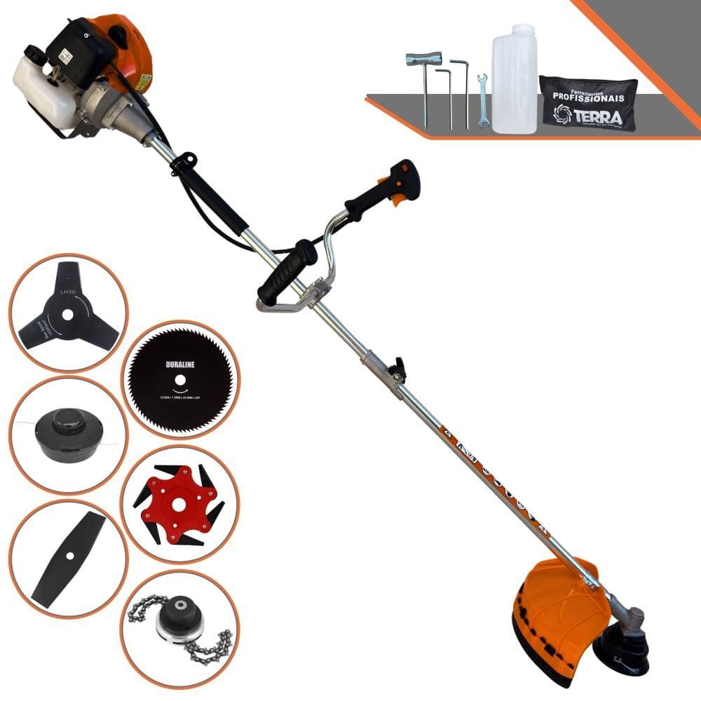 Roçadeira À Gasolina Terra GRHB430 Bipartida 43cc 1,7HP 6 Em 1 Com Carretel + Faca 2 Pontas + Faca 3 Pontas + Faca 6 Pontas + Faca 80 Dentes + Trimmer