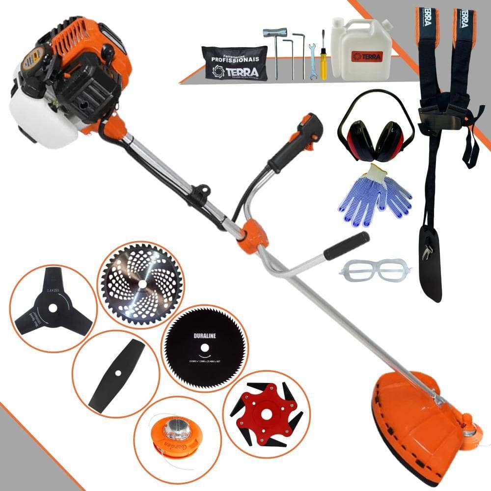 Roçadeira Terra GR520XP À Gasolina 52cc 6 Em 1 Com Carretel, Faca 2 Pontas + Faca 3 Pontas + Faca 6 Pontas + Faca 40 Dentes + Faca 80 Dentes + EPI