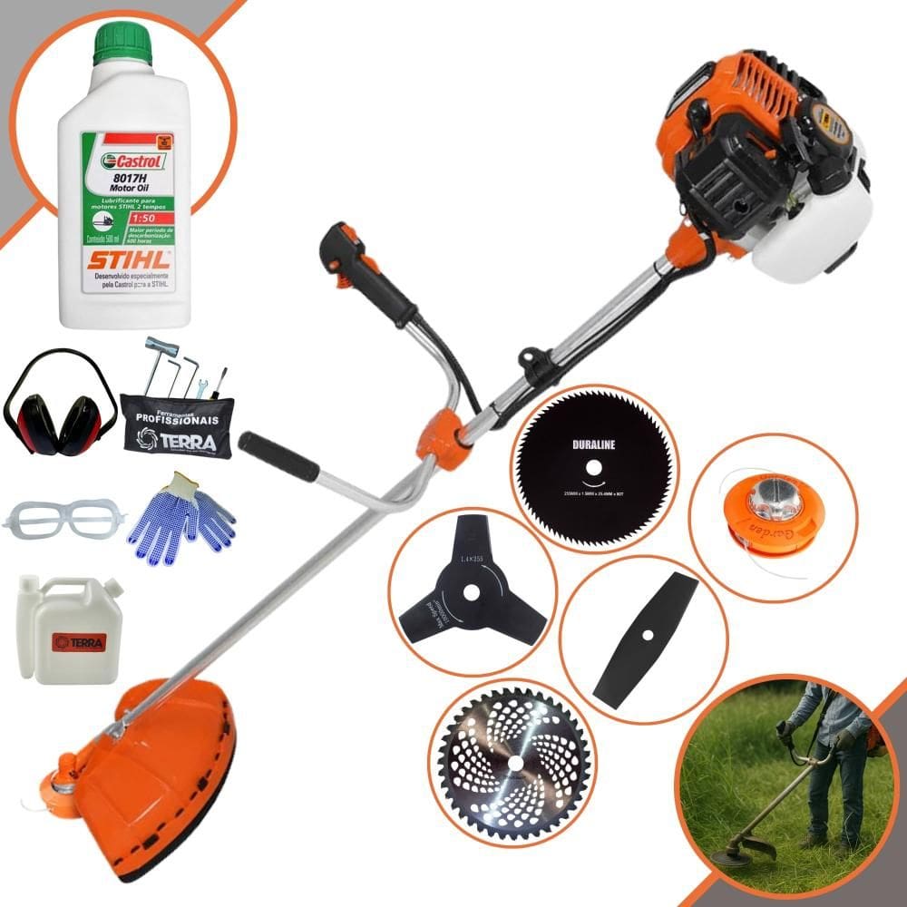 Roçadeira Robusta Terra GR520XP À Gasolina 52cc C/ Carretel + Faca 2 Pontas + Faca 3 Pontas + Faca 40 Dentes Vídea + Faca 80 Dentes + ÓLEO STIHL + EPI
