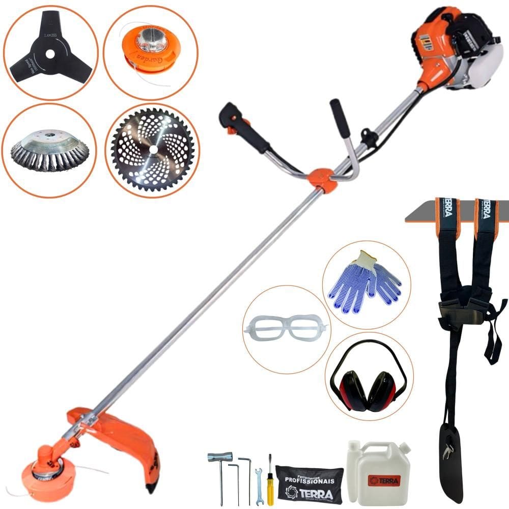 Roçadeira Lateral Terra GR520XP À Gasolina 52cc 2,5HP 6.500rpm 4 Em 1 Com Carretel Nylon e Faca 3 Pontas + Faca 40 Dentes + Disco Escova de Aço + EPI