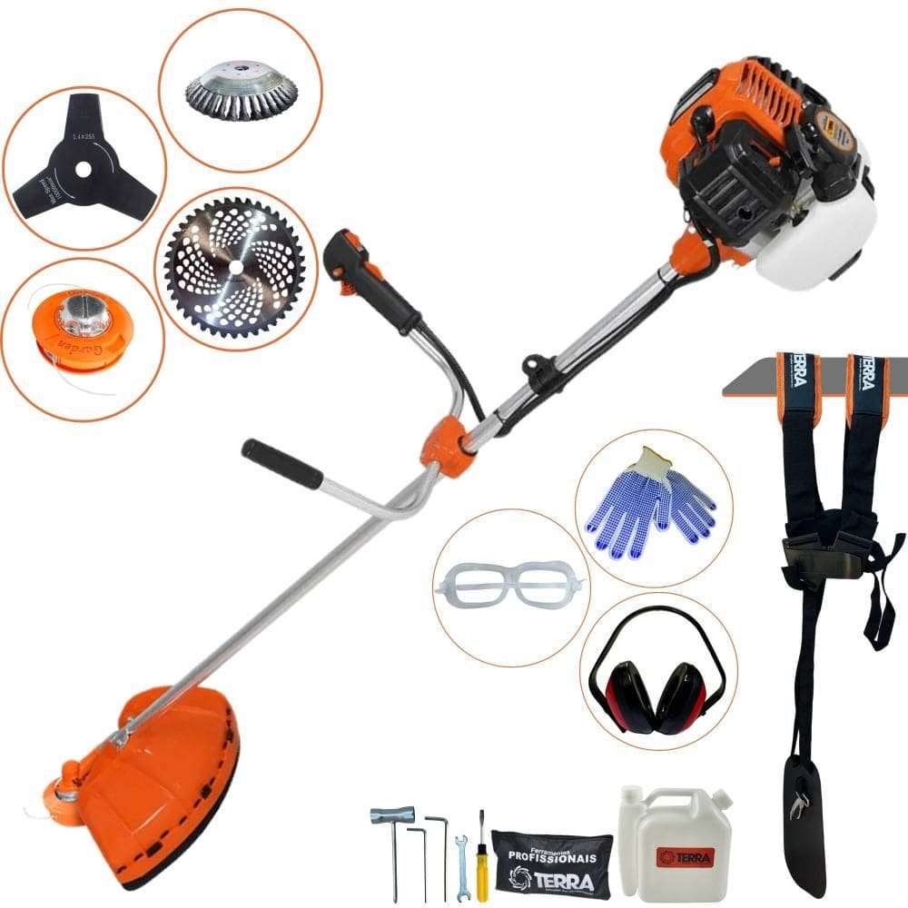 Roçadeira Terra GR520XP À Gasolina 52cc 2,5HP 6500rpm Alta Performance Com Carretel Nylon + Faca 3 Pontas + Faca 40 Dentes Vídea + Escova de Aço + EPI