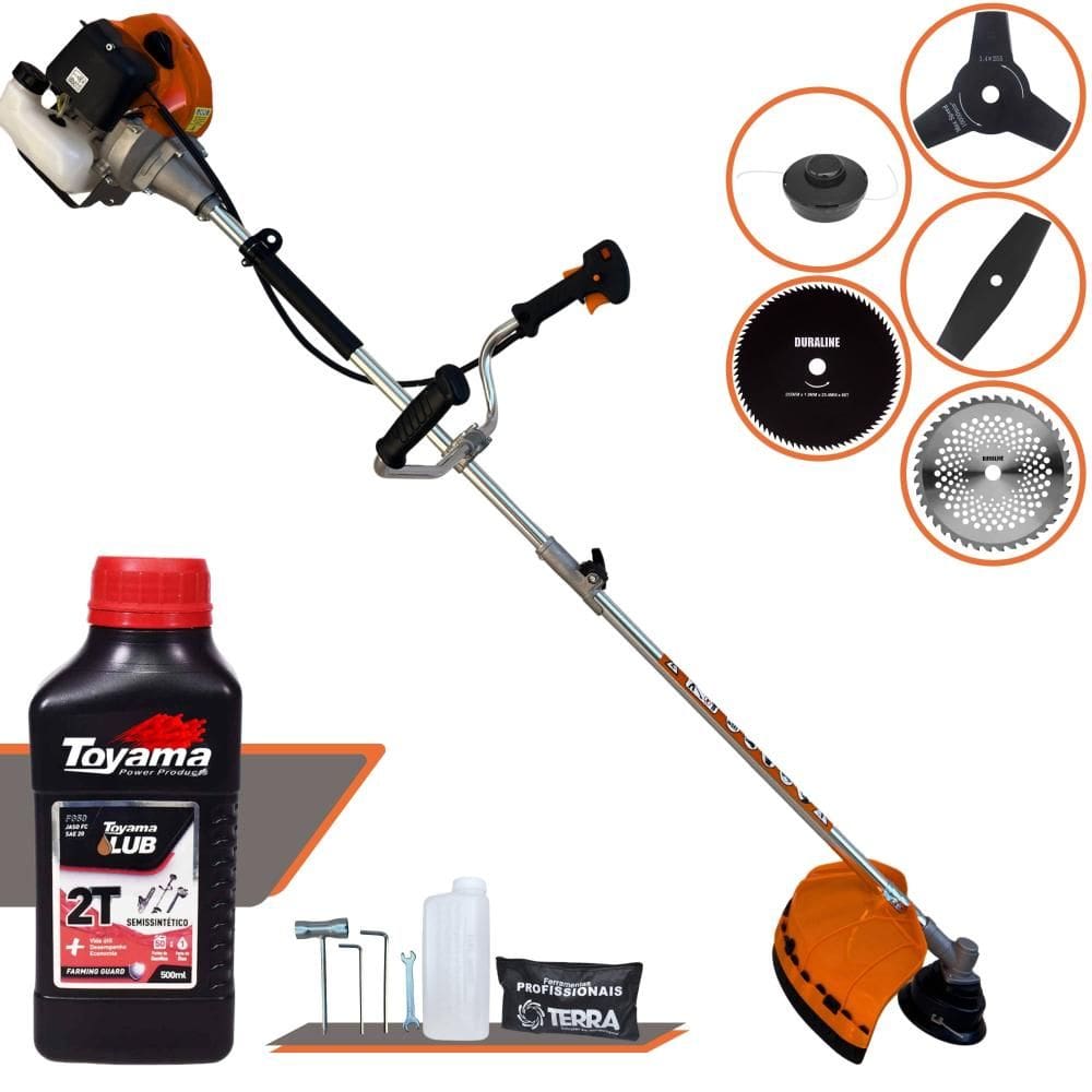 Roçadeira Multifuncional Terra GRHB430 Bi-Partida À Gasolina 43cc 1,7HP 12.000rpm Com Carretel de Nylon + Kit 4 Lâminas de Corte + ÓLEO TOYAMA 2T