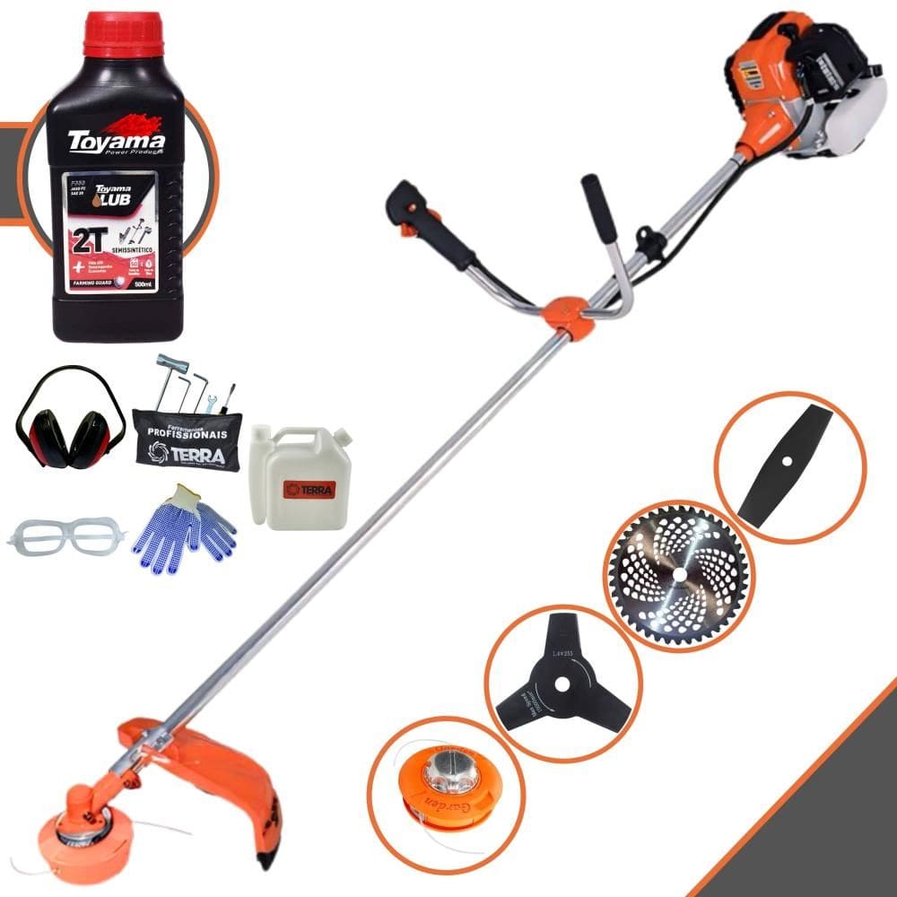 Roçadeira Terra GR520XP À Gasolina 52cc 2,5HP Cortador de Grama Com Faca 2 Pontas + Faca 3 Pontas + Faca 40 Dentes + Carretel + ÓLEO TOYAMA 2T + EPI