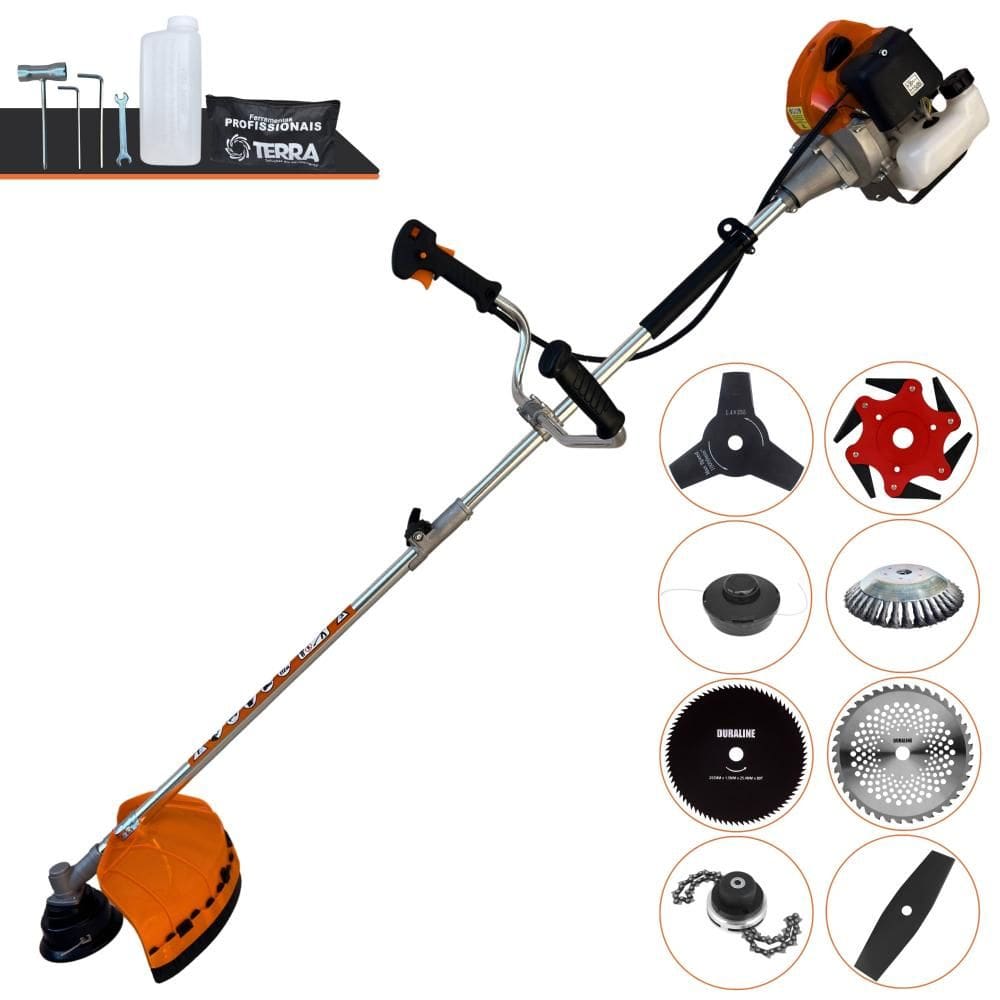 Cortador de Grama Terra GRHB430 Bi-Partida 43cc 1,7HP Com Carretel + Facas 2 Pontas, 3 Pontas, 6 Pontas, 40 Dentes Vídea, 80 Dentes, Trimmer e Escova