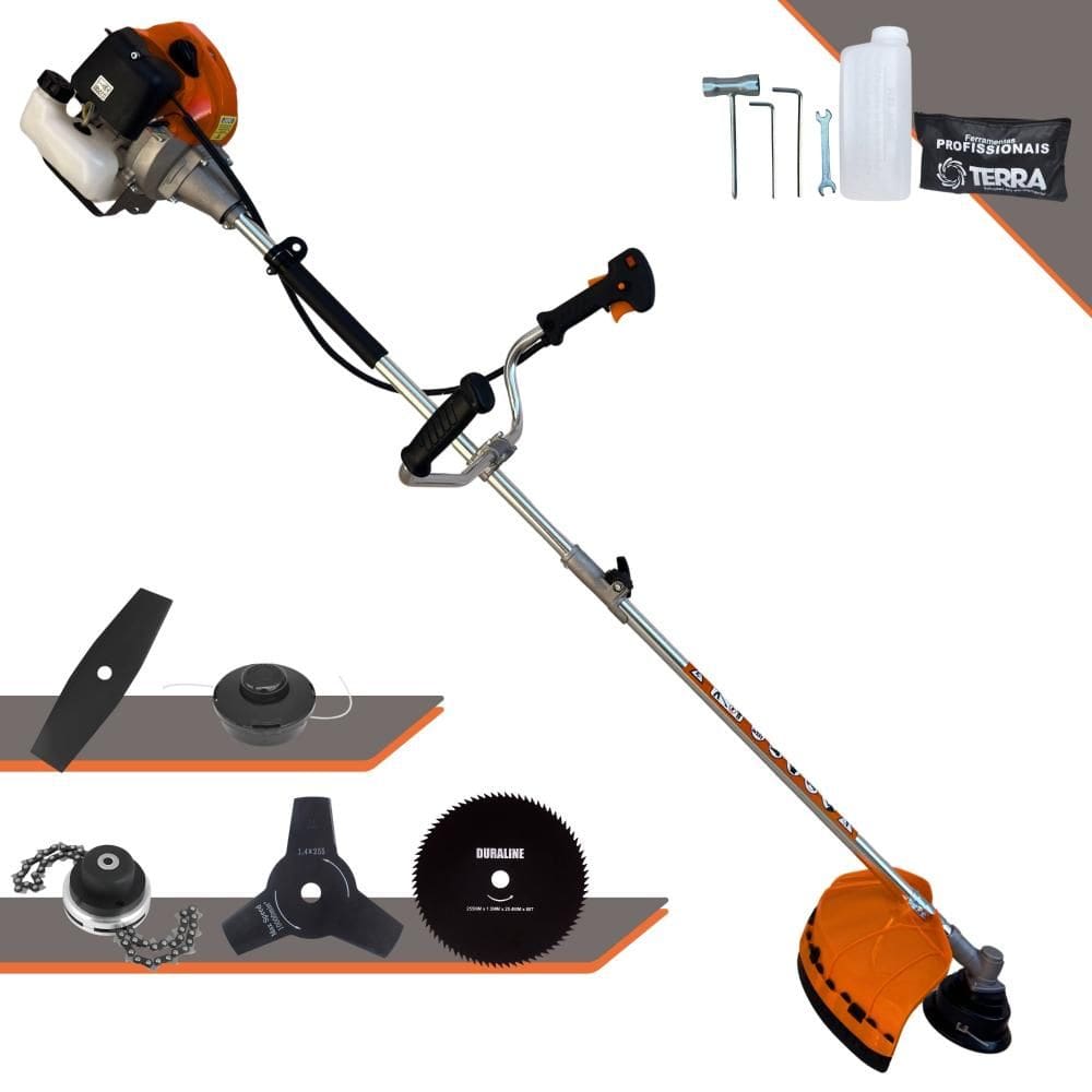 Roçadeira Robusta À Gasolina Terra GRHB430 Bi-Partida 2T 43cc 1,7HP + Lâmina 2 Pontas + Lâmina 3 Pontas + Lâmina 80 Dentes + Carretel Nylon + Trimmer