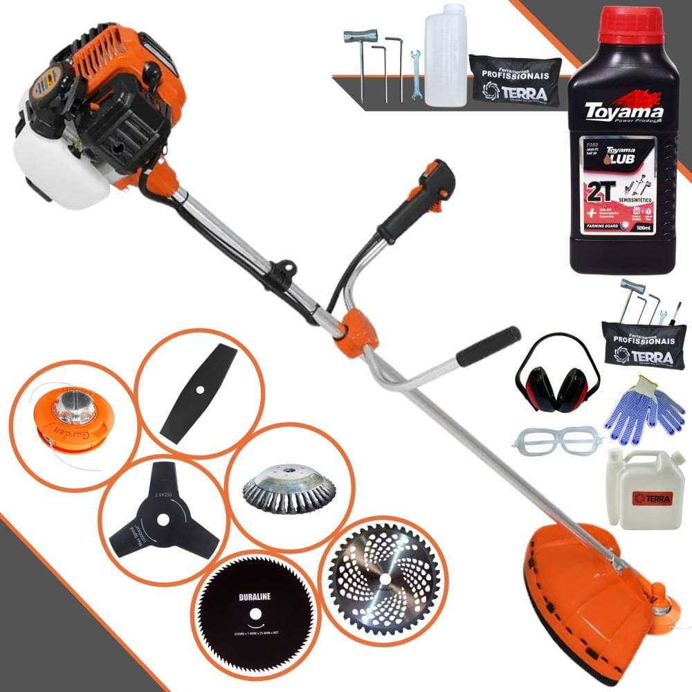 Roçadeira 6 Em 1 Terra GR520XP 52cc Com Carretel + Faca 2 Pontas + Faca 3 Pontas + Faca 40 Dentes + Faca 80 Dentes + Escova de Aço + ÓLEO TOYAMA + EPI