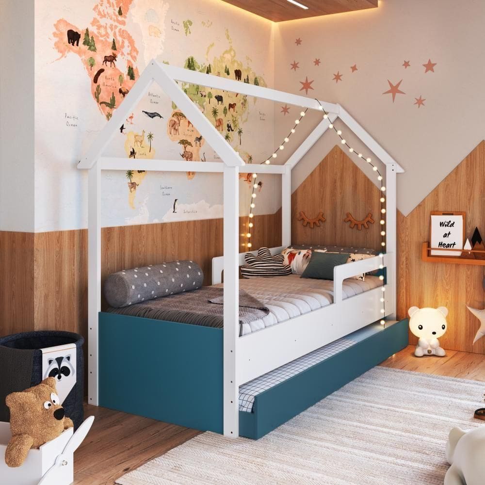 Cama Infantil Bicama Montessoriana Casinha Solteiro Auxiliar Branco com Azul