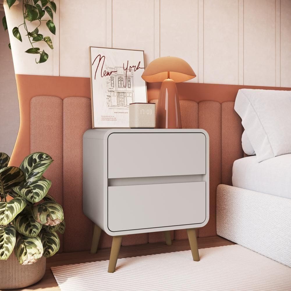 Mesa De Cabeceira Canto Curvo Com 02 Gavetas E Pés Palito Retrô Bege Dunas