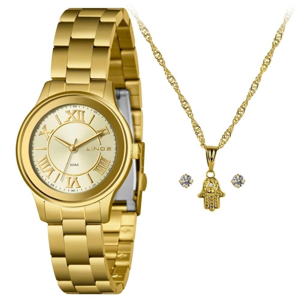 Kit Relógio Feminino Lince Dourado LRGH206L34 K08WC3KX