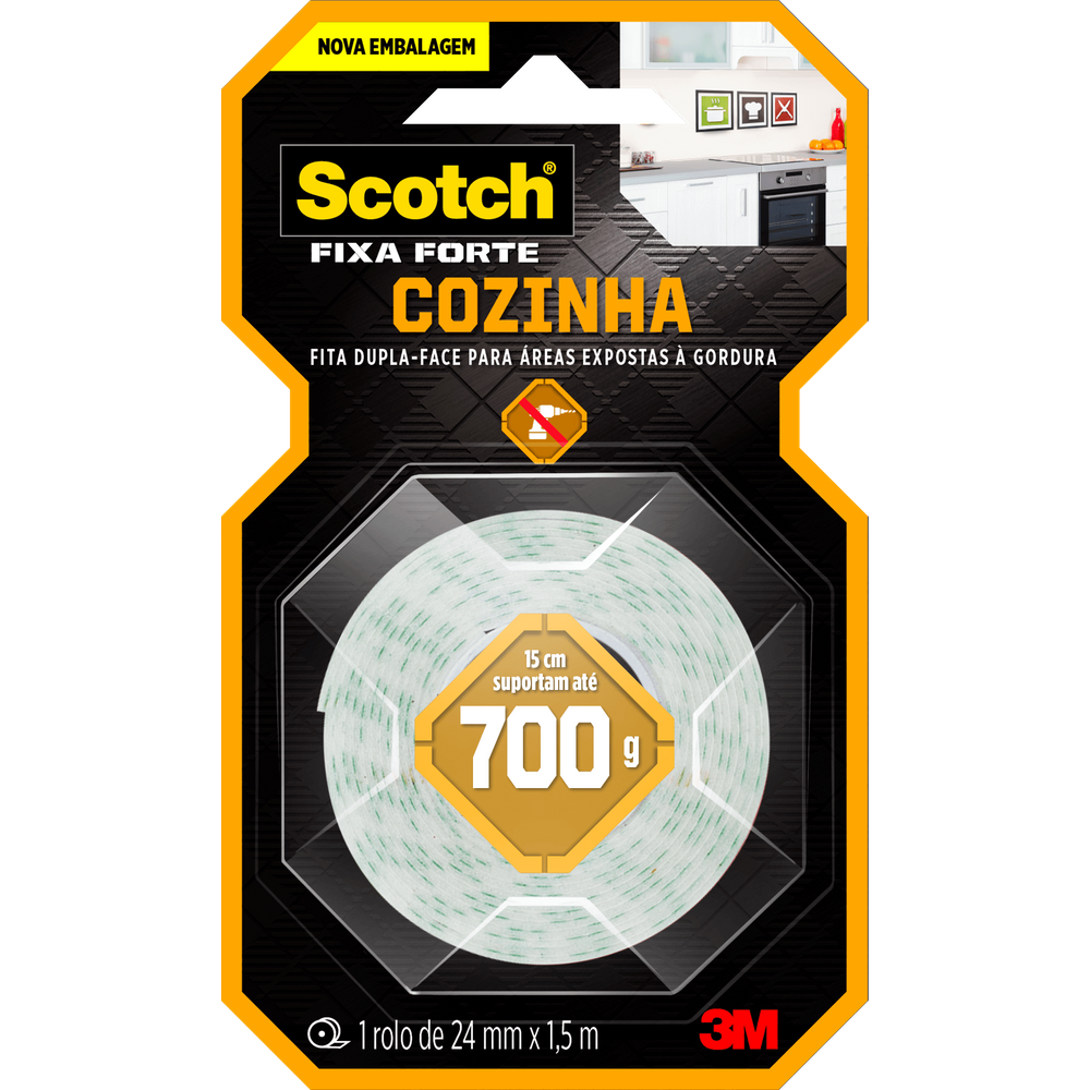 Fita Dupla Face Scotch Fixa Forte Cozinha 24mm x 1,5 Metro - HB004750160 - 3M