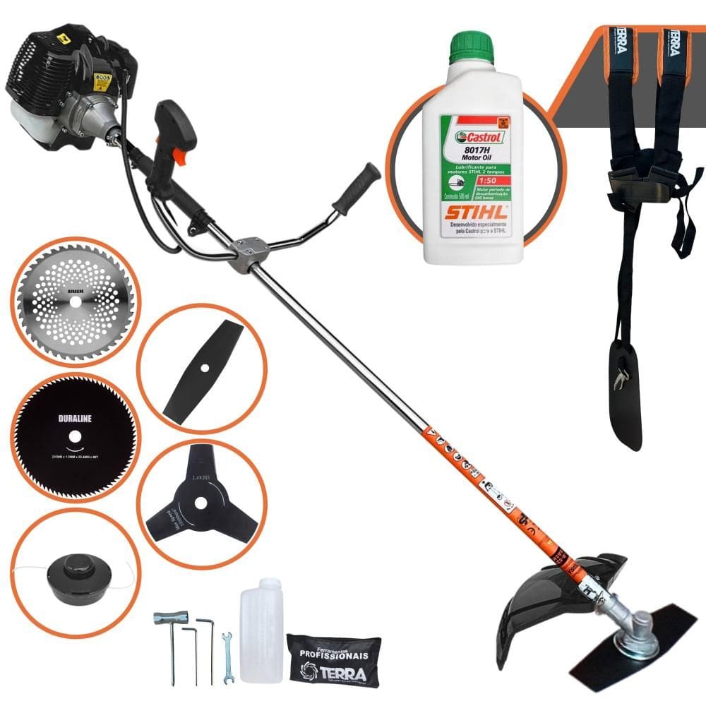 Roçadeira Terra GRH-520 À Gasolina 52cc 2,5HP Com Faca 2 Pontas + Faca 3 Pontas + Faca 40 Dentes + Faca 80 Dentes + Carretel de Nylon + ÓLEO STIHL 2T