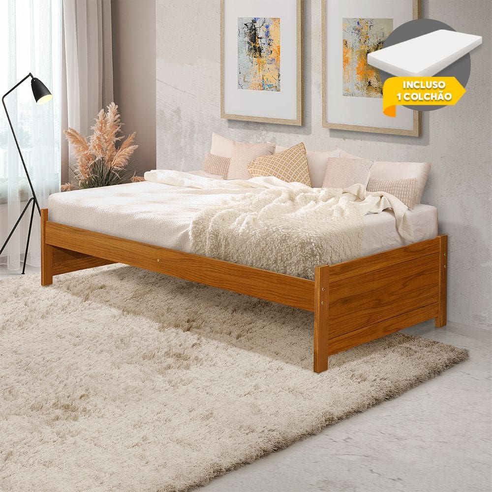 Cama Solteiro com Colchão Turca Gabrieli Estrutura em Madeira Maciça Imbuia