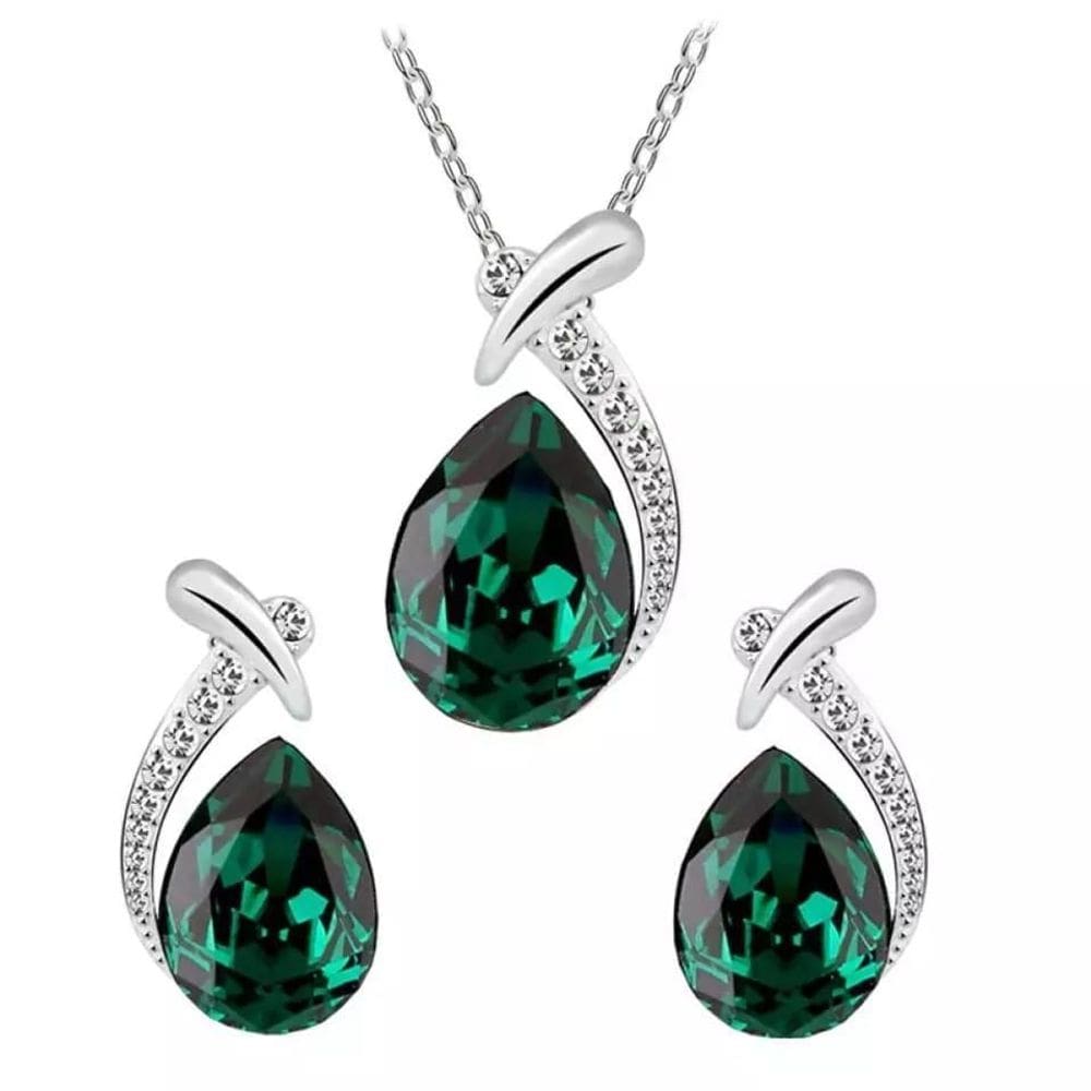 Lindo Conjunto Formato De Gota Com Pingente Cor Prata Verde