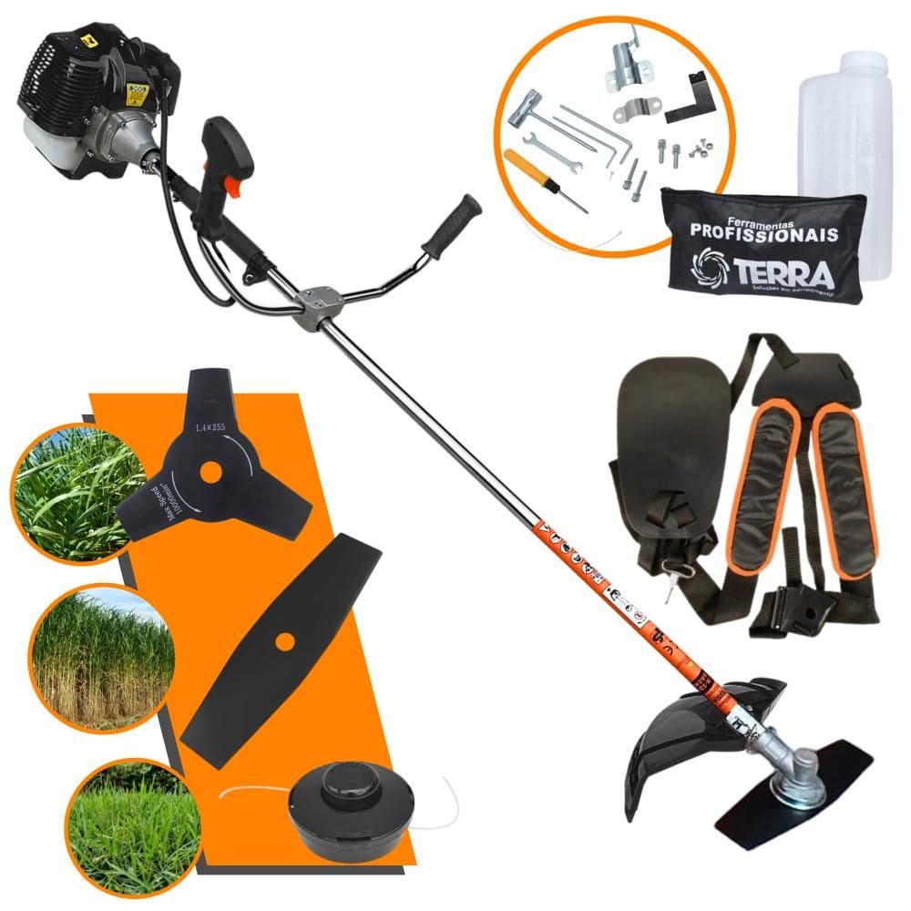 Roçadeira Profissional À Gasolina Terra GRH520 52cc 2T 2,5HP Alta Rotação Com 3 Opções de Corte Carretel de Nylon + Faca 2 Pontas + Faca 3 Pontas