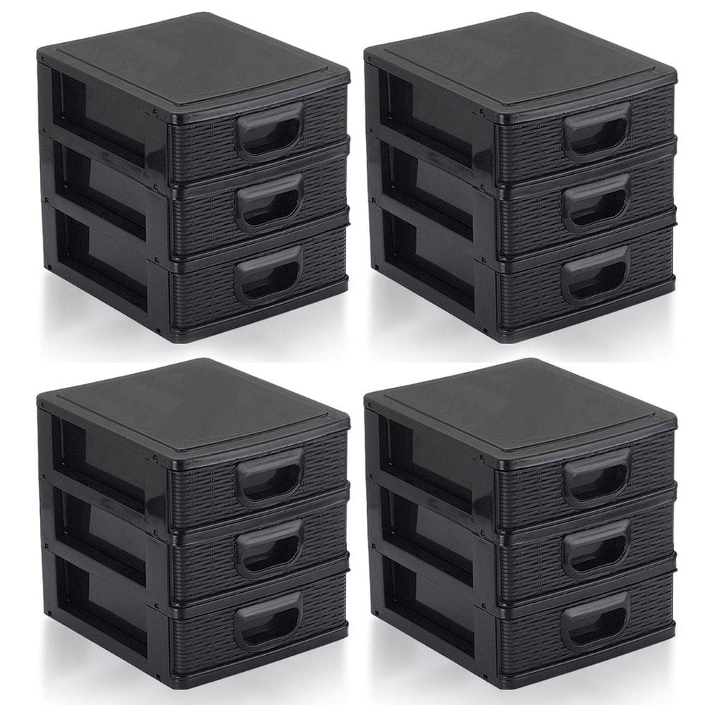 Kit 4 Gaveteiro Organizador De Mesa 3 Gavetas Textura Preto