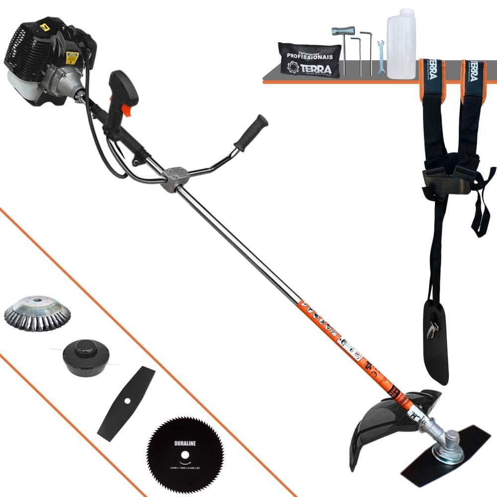 Roçadeira Multifuncional Terra GRH520 À Gasolina 52cc 2,5HP Com Carretel Nylon + Lâmina 2 Pontas + Lâmina 80 Dentes + Escova Circular de Aço 38 Cerdas
