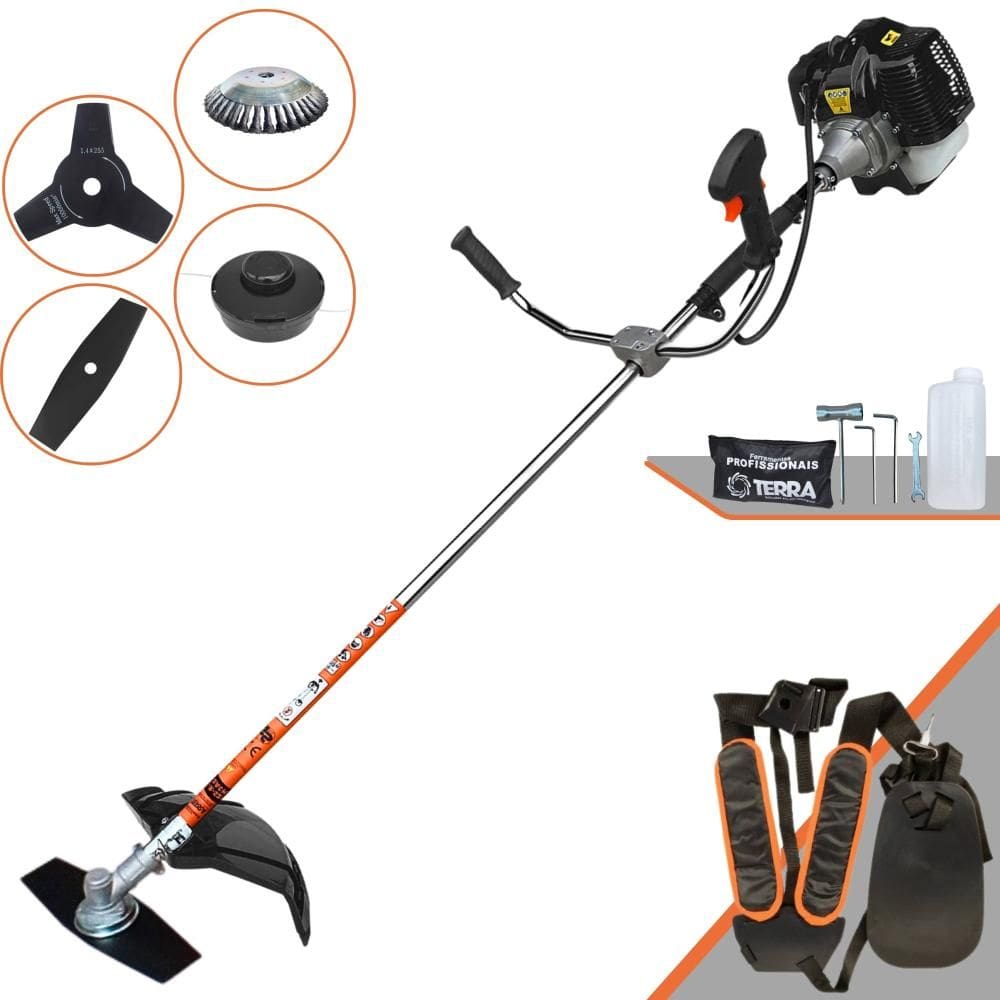 Roçadeira À Gasolina Terra GRH-520 52cc 2,5HP Alta Performance Com 4 Opções de Corte Com Carretel + Faca 2 Pontas + Faca 3 Pontas + Escova de Aço