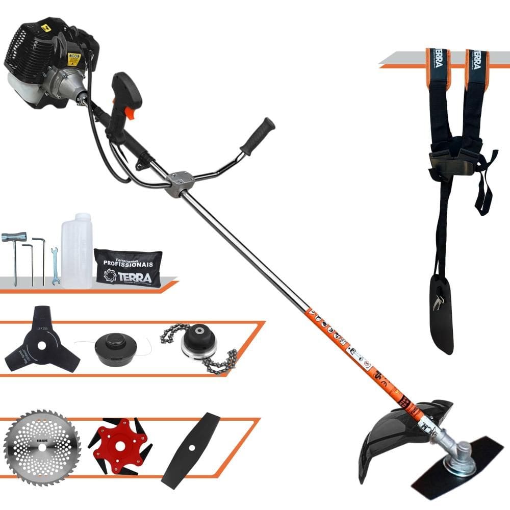 Roçadeira Terra GRH520 À Gasolina 52cc 2,5HP 6 Em 1 Com Carretel e Faca 2 Pontas + Faca 3 Pontas + Faca 6 Pontas + Faca 40 Dentes de Vídea + Trimmer