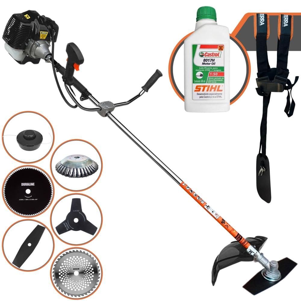 Cortador de Grama À Gasolina Terra GRH520 52cc 2,5HP 6.500rpm Roçadeira Lateral 6 Em 1 Com Carretel + Kit 4 Facas + Escova de Aço + ÓLEO STIHL 2T