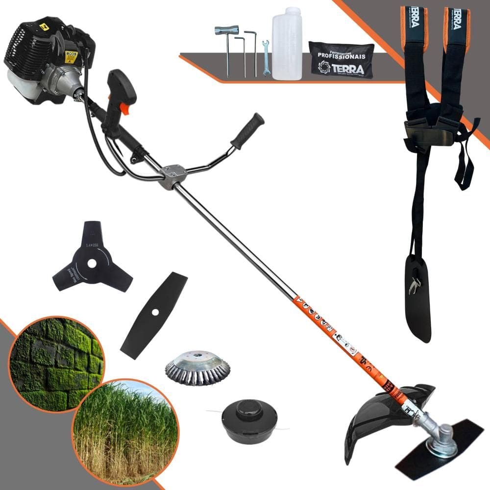 Roçadeira Profissional Multifunções Terra GRH520 À Gasolina Motor 2 Tempos 2,5HP 52cc 6.500rpm + Extra Faca 3 Pontas e Escova de Aço 38 Cerdas