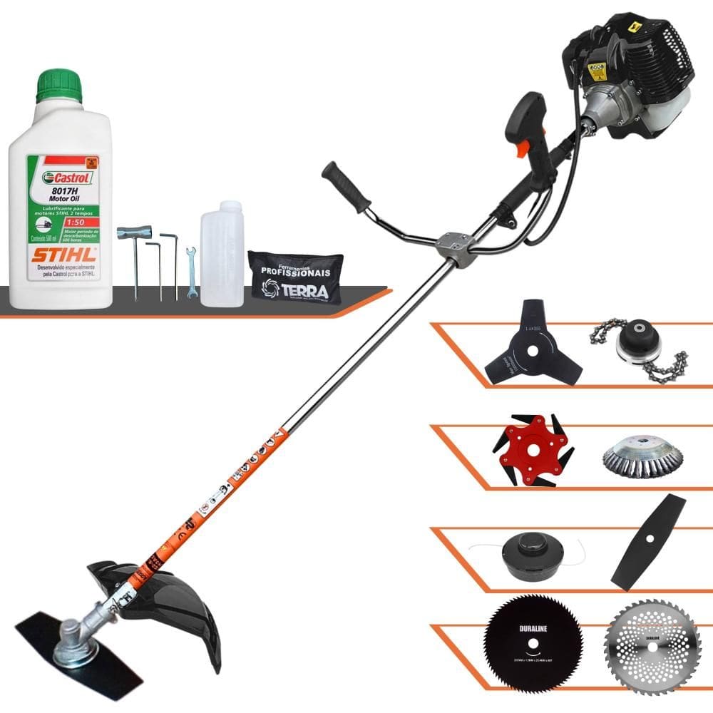Roçadeira Terra GRH520 52cc 2,5HP Com Carretel + Facas 2 Pontas, 3 Pontas, 6 Pontas, 40 Dentes, 80 Dentes, Trimmer, Escova de Aço + ÓLEO STIHL 2T