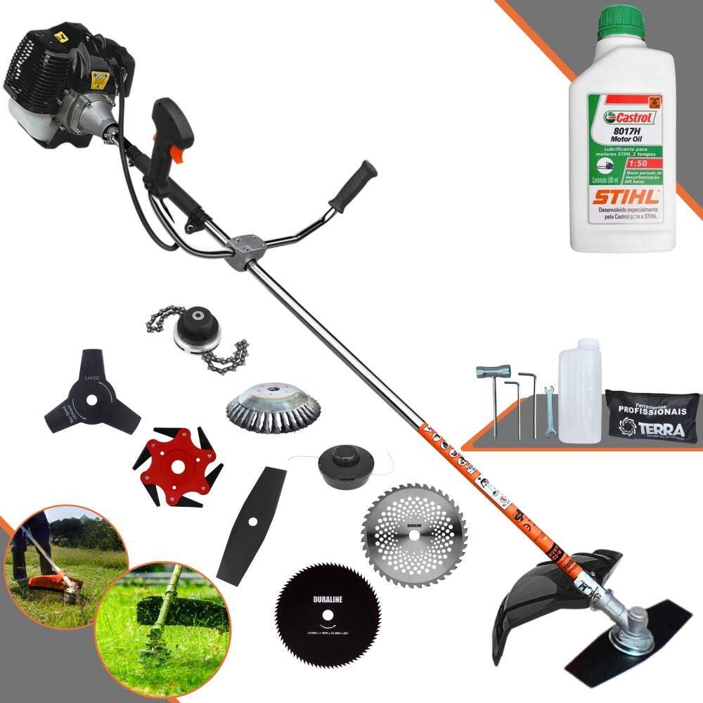 Cortador de Grama Completa À Gasolina Terra GRH520 52cc 2,5HP Alta Performance Com Carretel de Nylon + Kit 7 Opções de Corte + ÓLEO STIHL 2 Tempos