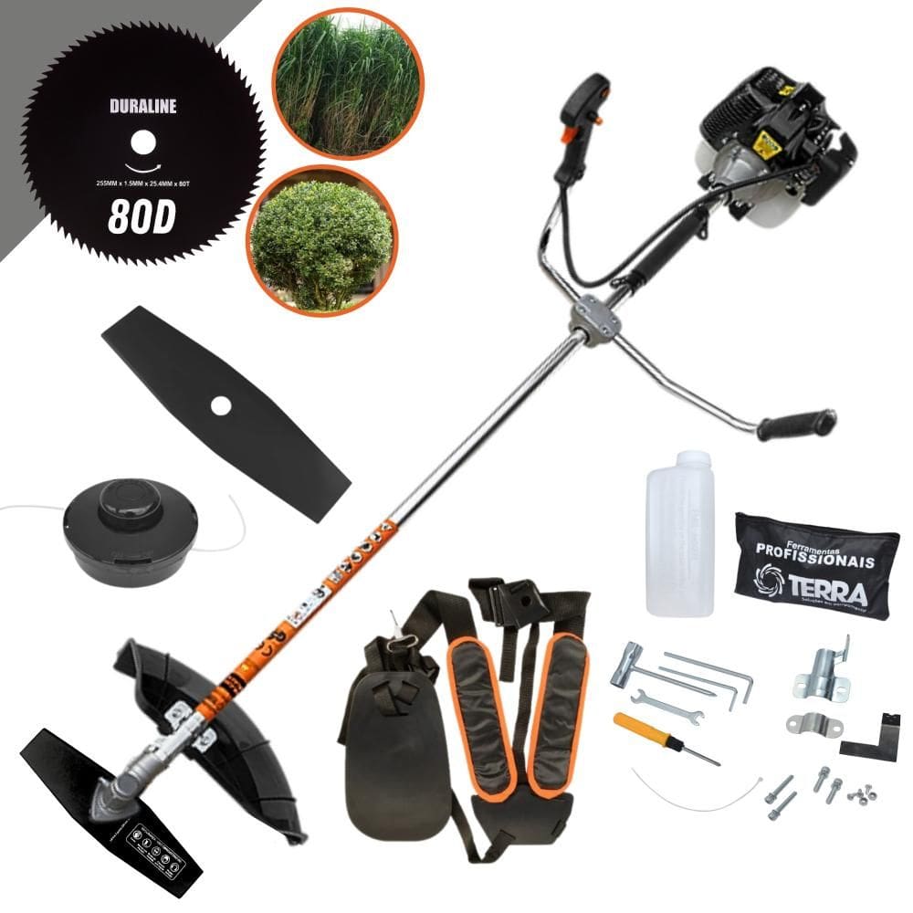 Roçadeira Profissional À Gasolina Terra GRH-520 52cc 2T 2,5HP Alta Rotação Com 3 Opções de Corte Carretel de Nylon + Faca 2 Pontas + Faca 80 Dentes