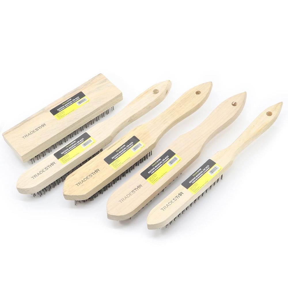 Kit Com 5 Escovas De Aço Cabo De Madeira Multiuso Tradestar