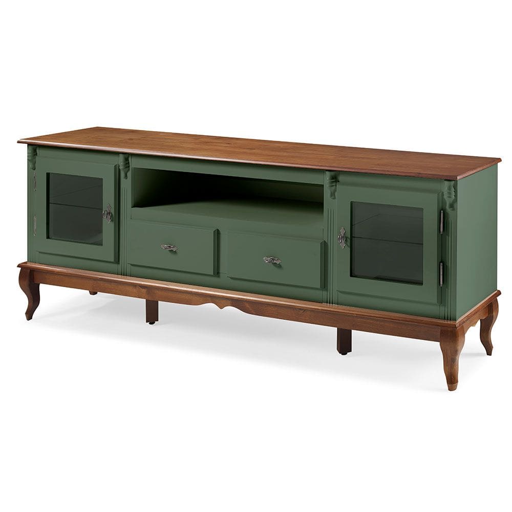 Rack para Tv com Pés Luis XV 2 Gavetas 2 Portas e Nicho 60503 Linz Móveis - Verde Musgo/Imbuia Glazer