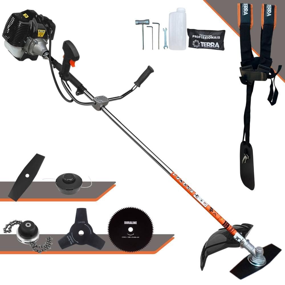 Roçadeira Profissional Terra GRH520 À Gasolina 52cc 2,5HP 6.500rpm Com Carretel Nylon + Lâmina 2 Pontas + Lâmina 3 Pontas + Lâmina 80 Dentes + Trimmer