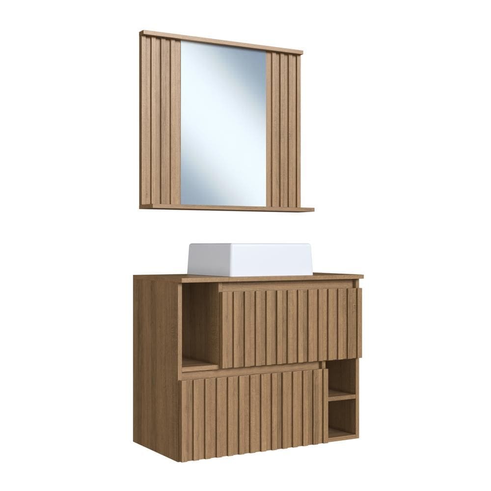 Gabinete de Banheiro Suspenso 75cm com Cuba e Espelheira Marrom Ripado Luiza CJ1000 - Faema Móveis