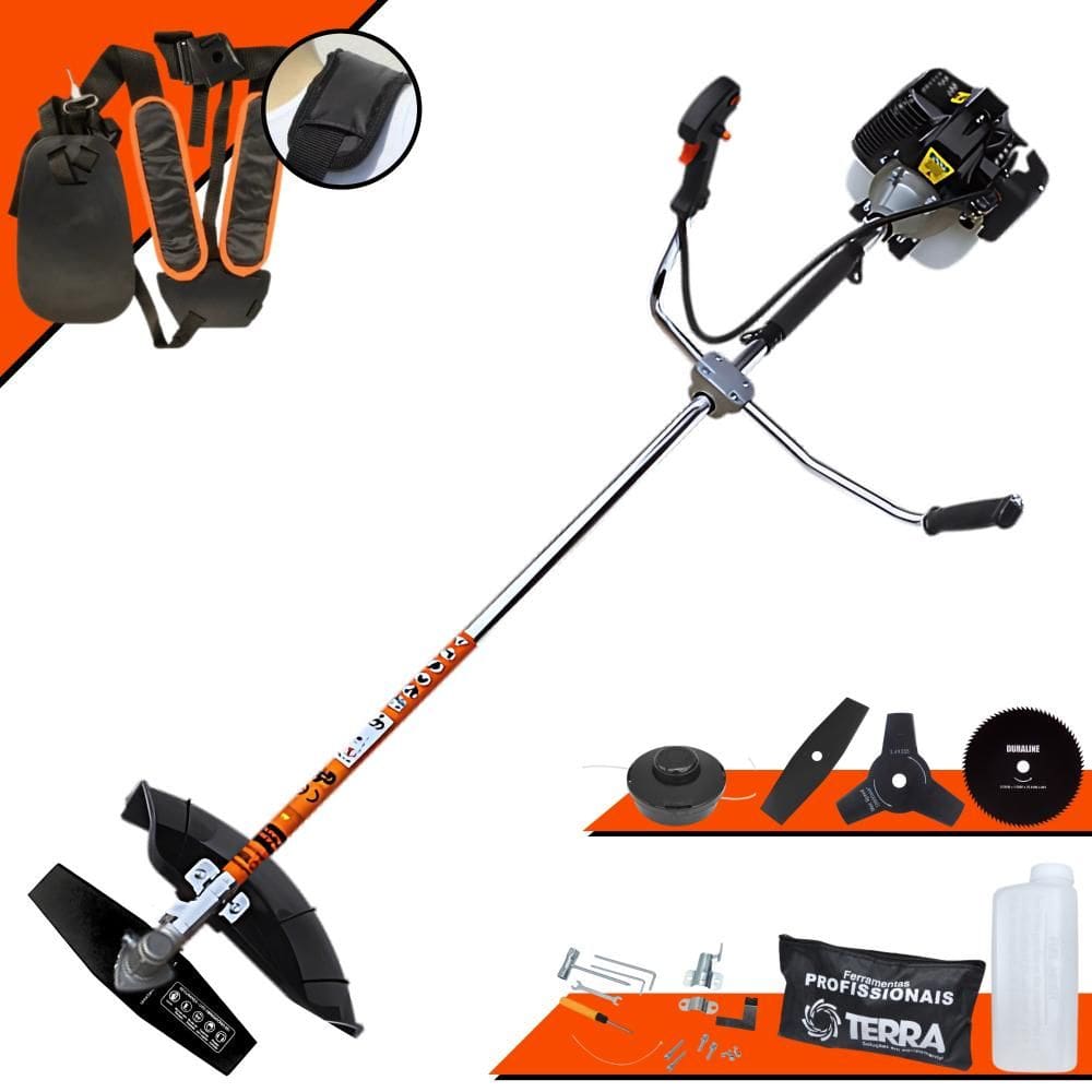 Roçadeira Terra GRH-520 À Gasolina 2T 52cc 2,5HP Alta Rotação Com 4 Opções de Corte Com Carretel + Faca 2 Pontas + Faca 3 Pontas + Faca 80 Dentes