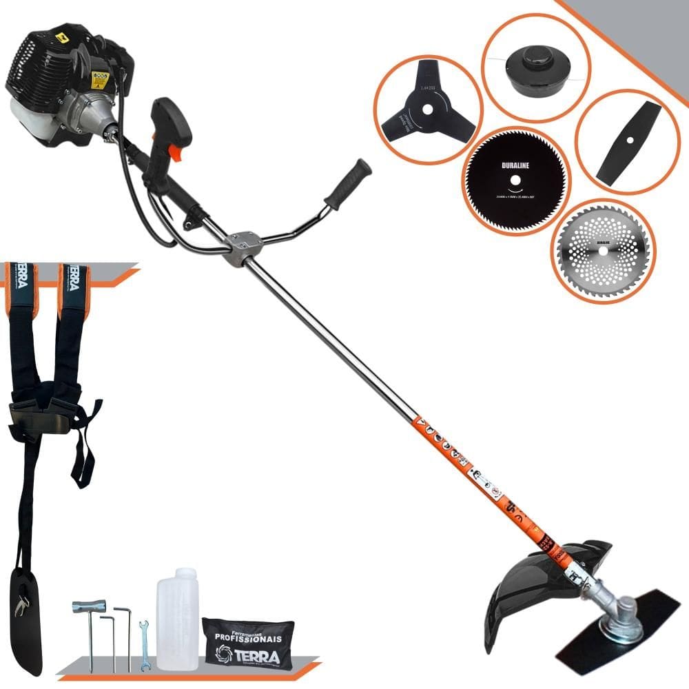 Roçadeira Terra GRH-520 À Gasolina 52cc 2,5HP 5 Em 1 Com Carretel + Lâmina 2 Pontas + Lâmina 3 Pontas + Lâmina 40 Dentes de Vídea + Lâmina 80 Dentes