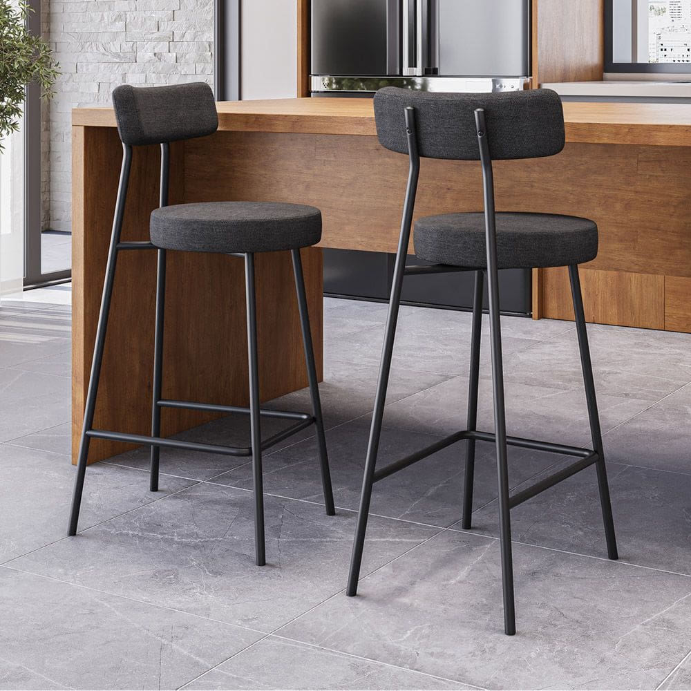 Kit 02 Banquetas Alta Cozinha Kobe Estofada com Encosto Linho Grafite - Desk Design