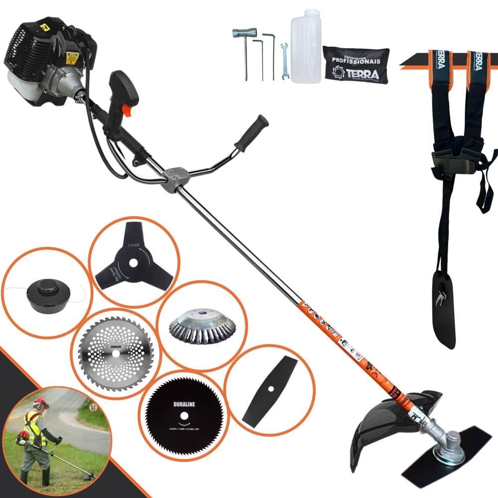 Máquina de Cortar Grama À Gasolina Terra GRH520 52cc 2,5HP 6.500rpm Roçadeira Com Carretel de Nylon + 4 Lâminas de Cortes + Escova de Aço 38 Cerdas