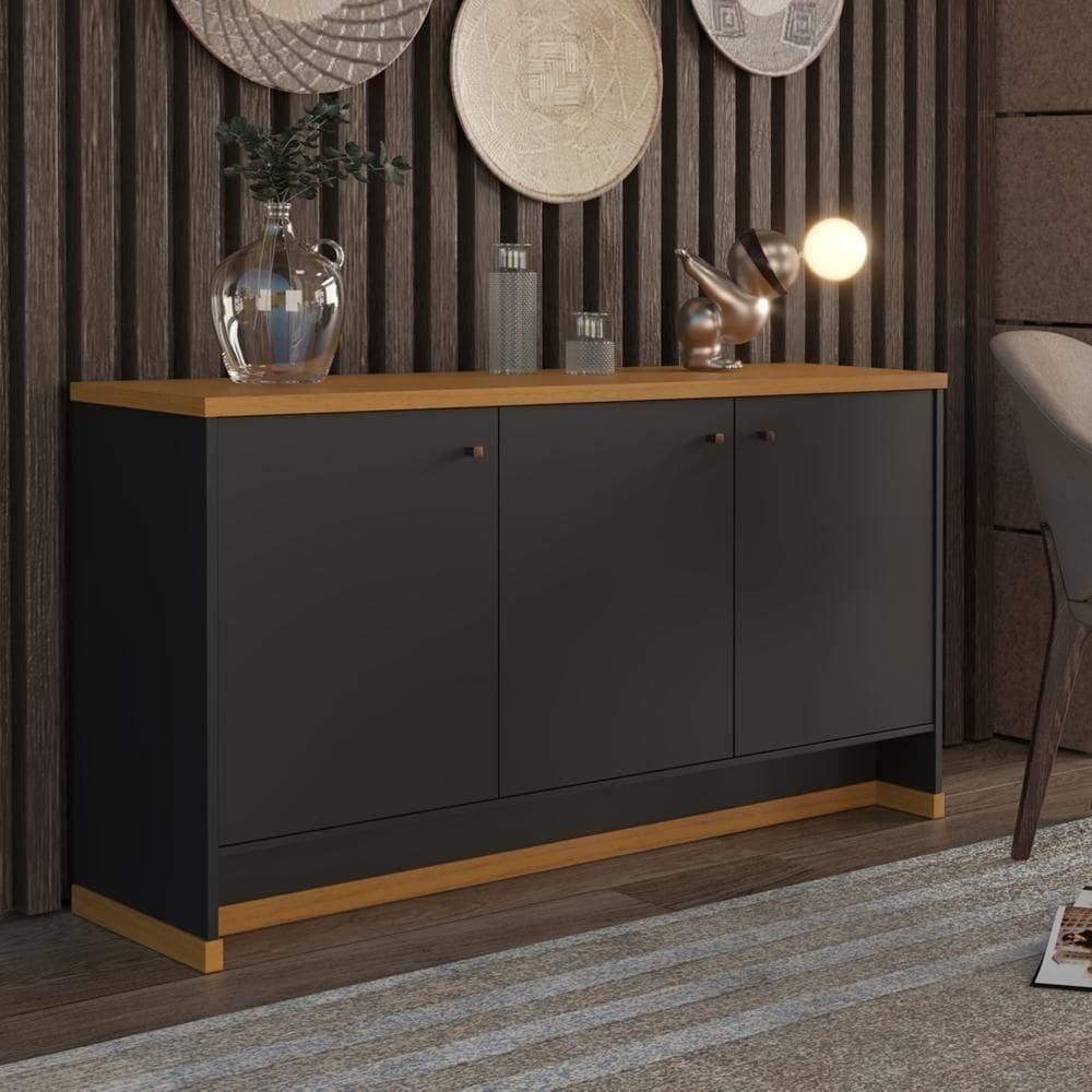 Buffet Aparador 3 Portas 136cm Com Tampo 25mm Verbena - Preto E Naturale