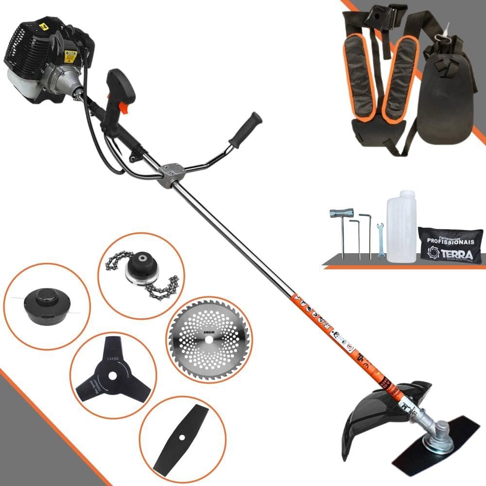 Roçadeira À Gasolina Terra GRH520 Motor 2 Tempos 52cc 2,5HP 6.500rpm Alta Performance Aparador de Grama Com Carretel de Nylon e Kit 4 Lâminas de Corte
