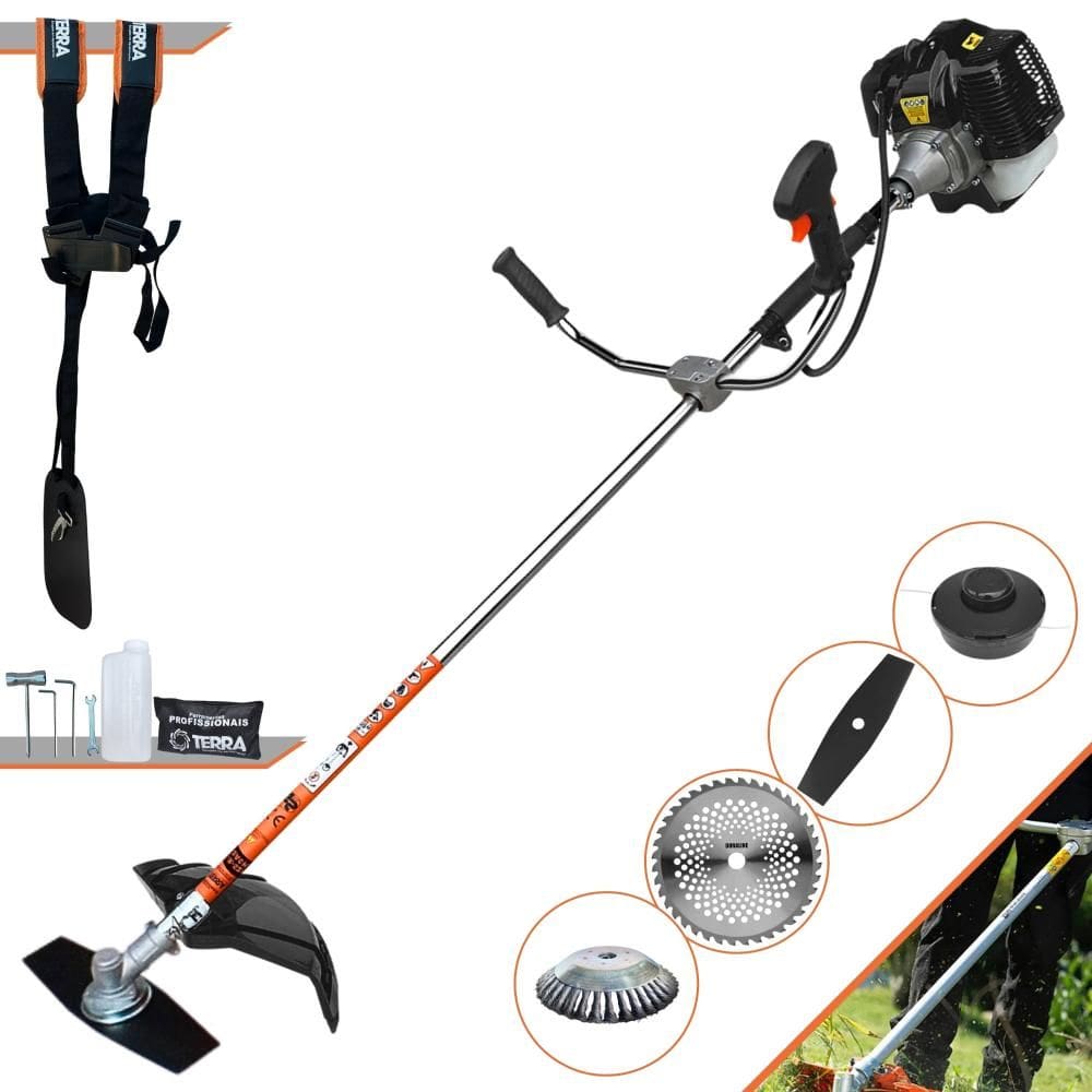 Roçadeira Multifuncional Terra GRH520 À Gasolina 2T 52cc 6.500rpm 2,5HP de Potência Com Carretel + Faca 2 Pontas + Faca 40 Dentes + Escova de Aço