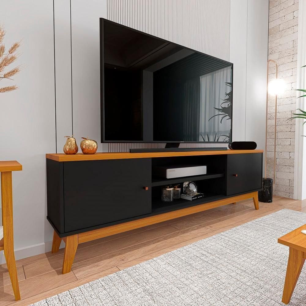 Rack Tv 75 Polegadas Com 2 Portas E Prateleira Riviera - Preto E Cedro