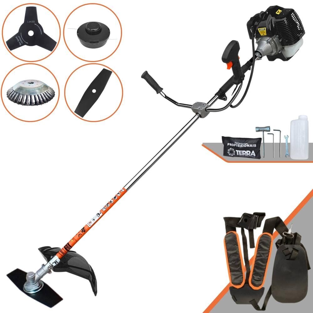 Roçadeira Aparador de Grama Terra GRH-520 À Gasolina 52cc 2,5HP 4 Em 1 Com Carretel Nylon + Lâmina 2 Pontas + Lâmina 3 Pontas + Escova Rotativa de Aço