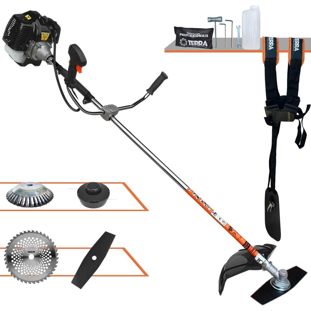 Roçadeira Terra GRH-520 À Gasolina 52cc 2,5HP Completa 4 Em 1 Com Carretel de Nylon + Lâmina 2 Pontas + Lâmina 40 Dentes + Escova de Aço 38 Cerdas