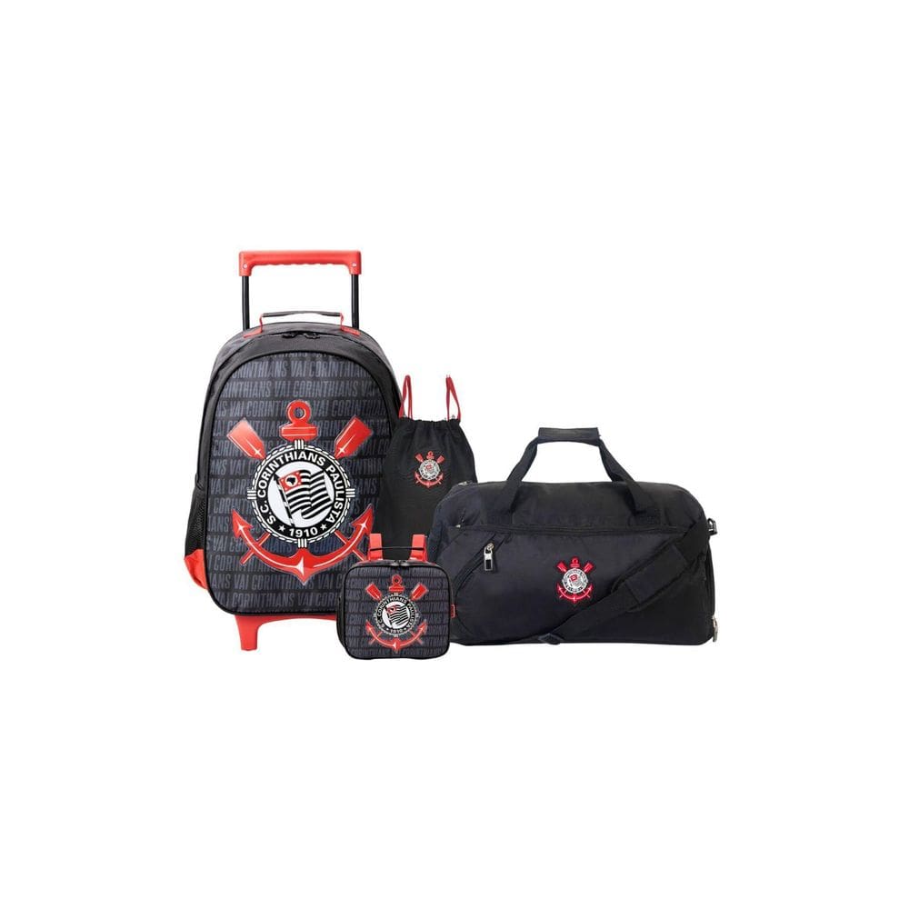 Kit Mochila Rodas+Lancheira+Saco+Sacola Viagem Corinthians