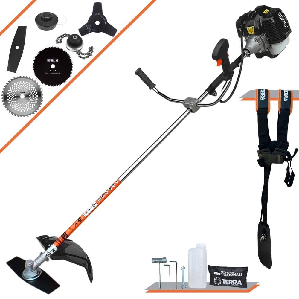 Roçadeira À Gasolina Terra GRH520 52cc 2,5HP 6 Em 1 Com Carretel + Faca 2 Pontas + Faca 3 Pontas + Faca 40 Dentes de Vídea + Faca 80 Dentes + Trimmer