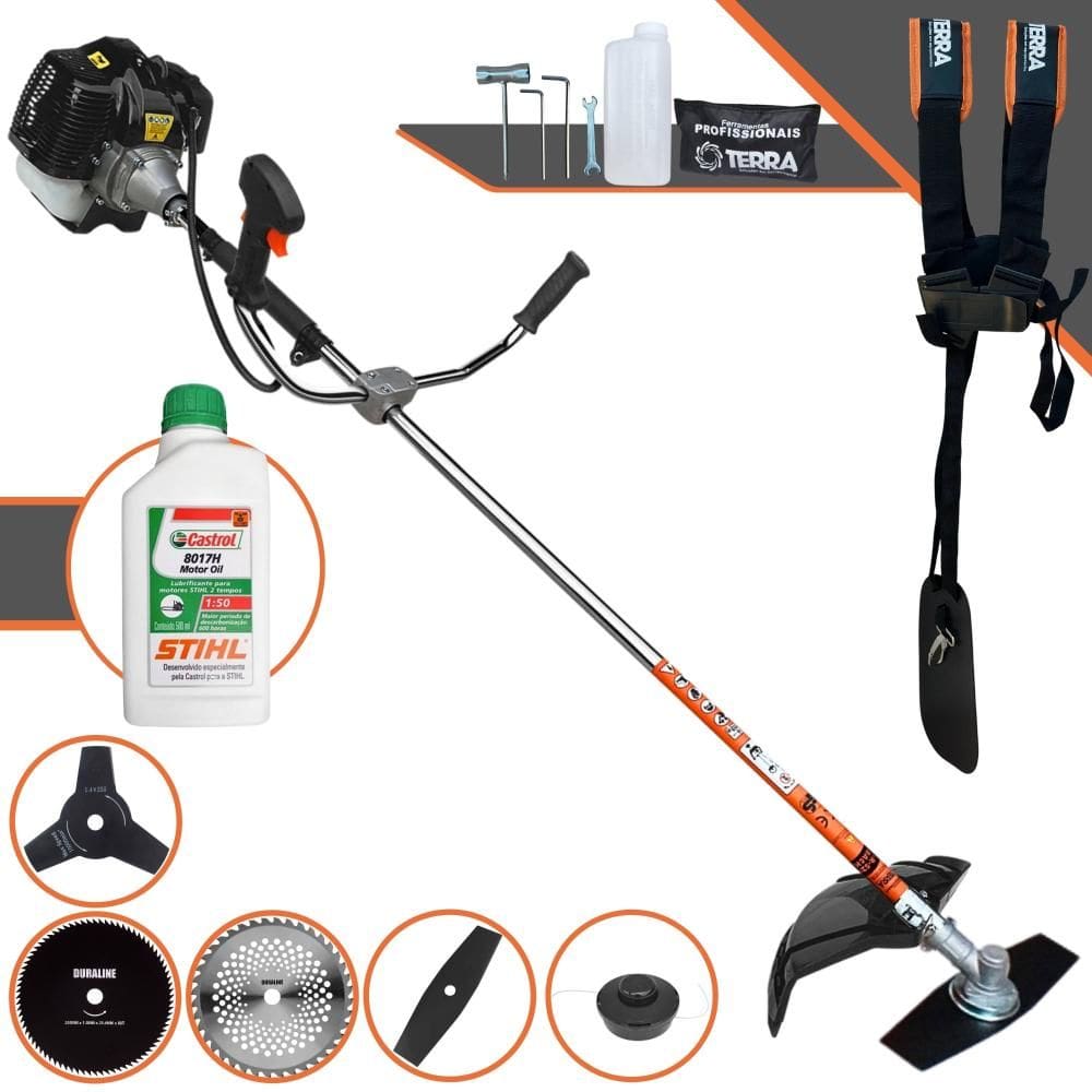 Roçadeira Aparador de Grama Lateral Terra GRH-520 À Gasolina 2T 52cc 2,5HP Robusta Com Carretel de Nylon + Kit 4 Lâminas de Corte + ÓLEO STIHL 2T