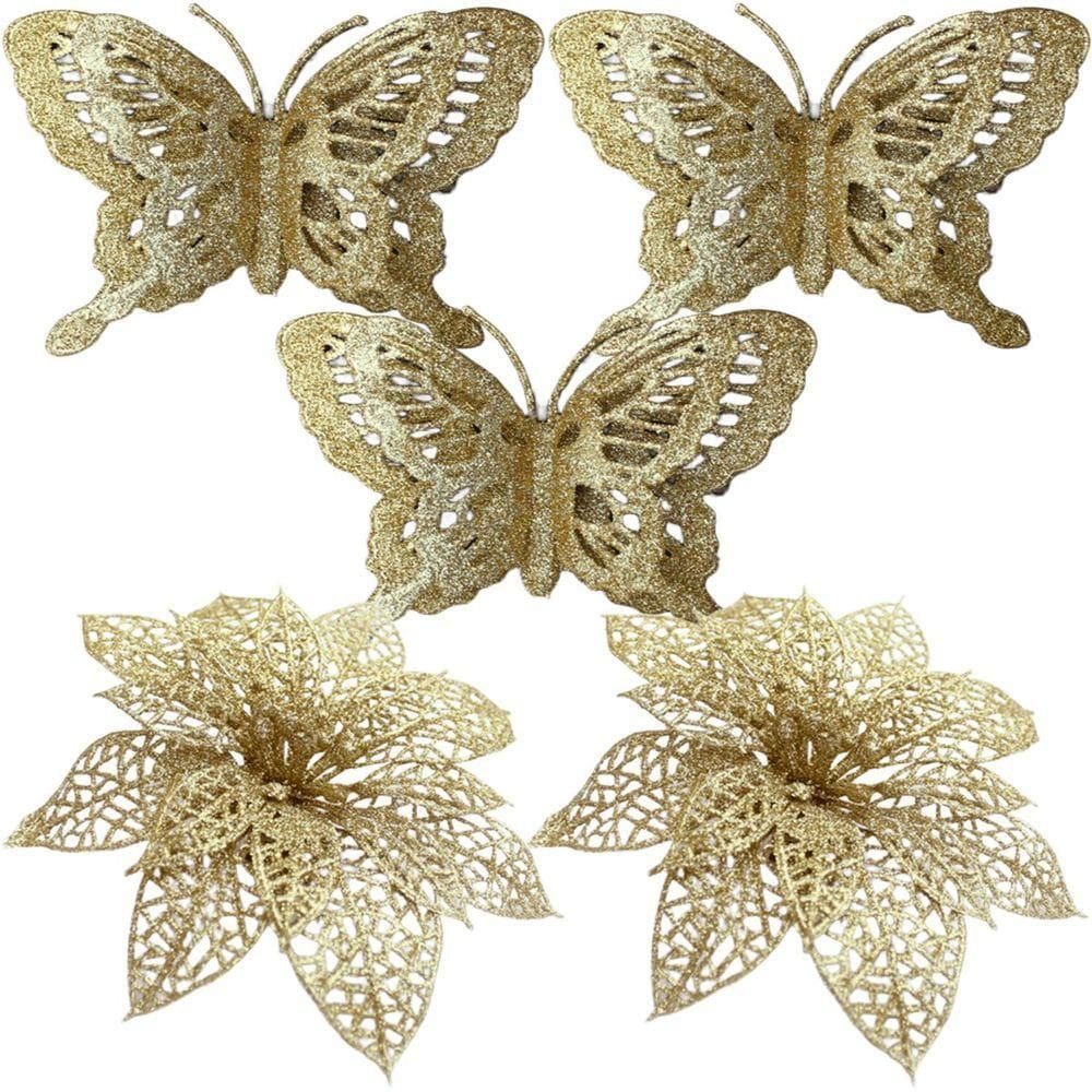 Kit 5 Pendente De Flores Borboletas Dourado Enfeite Natalino