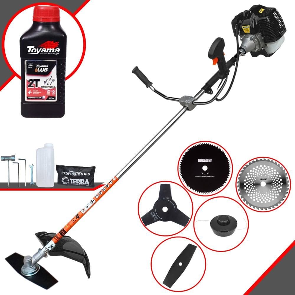 Roçadeira Robusta Terra GRH520 À Gasolina 52cc Com Carretel Nylon + Faca 2 Pontas + Faca 3 Pontas + Faca 40 Dentes + Faca 80 Dentes + ÓLEO TOYAMA 2T